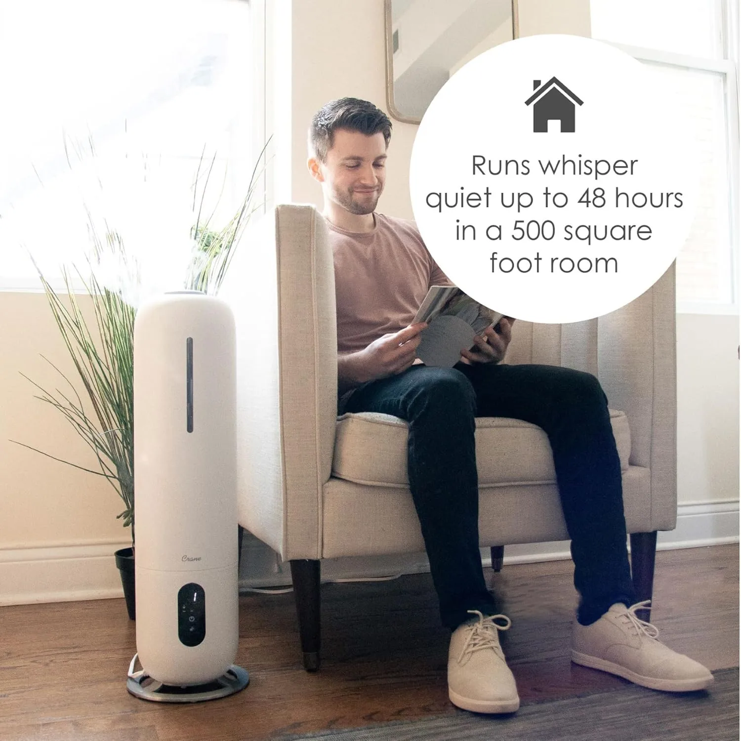 Crane 2 Gallon Top Fill Ultrasonic Cool Mist Tower Humidifier for Home, Whisper Quiet, Filter Free, Dishwasher Safe