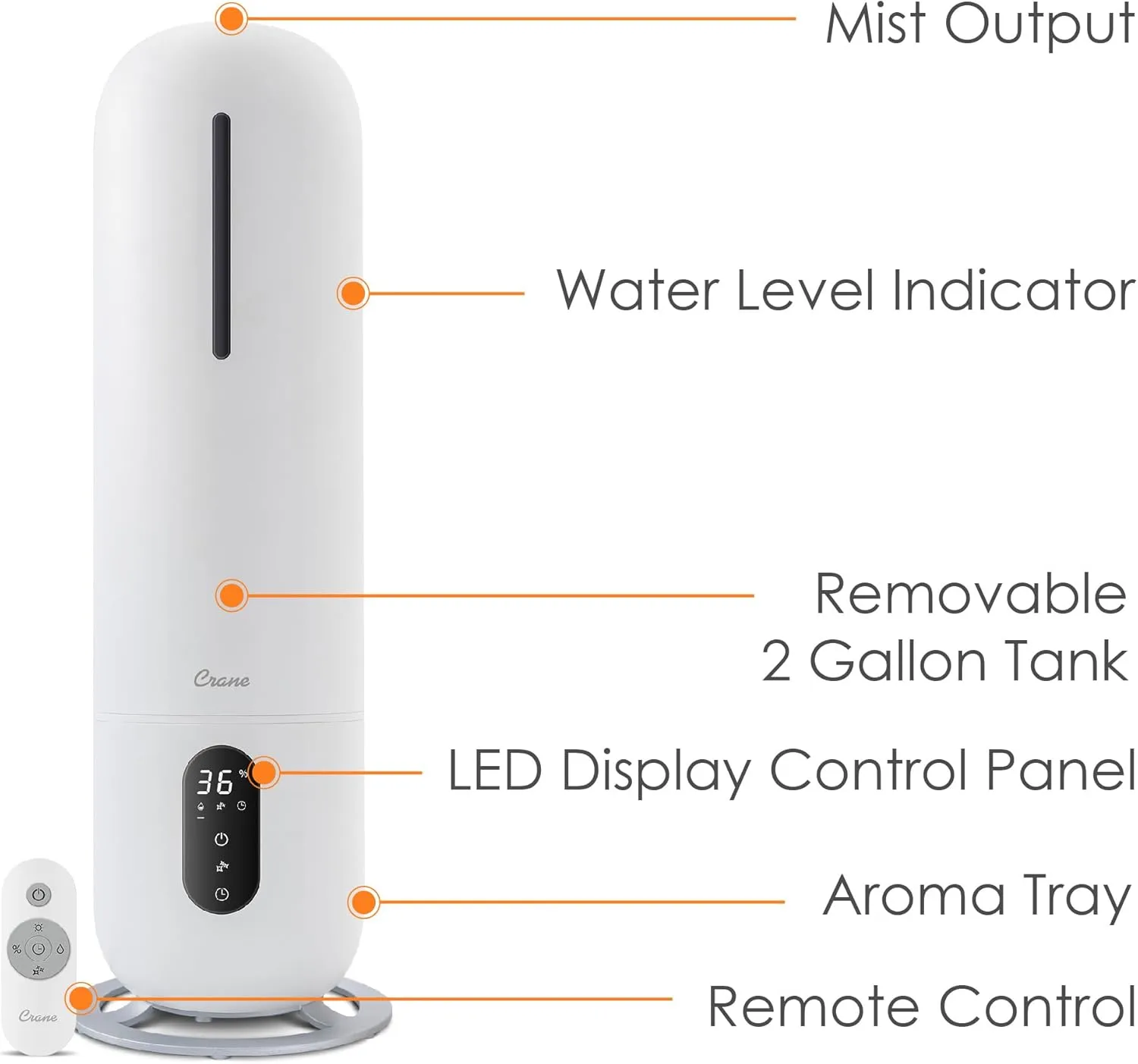 Crane 2 Gallon Top Fill Ultrasonic Cool Mist Tower Humidifier for Home, Whisper Quiet, Filter Free, Dishwasher Safe