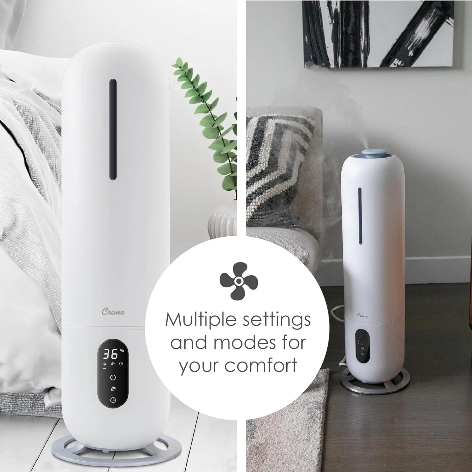 Crane 2 Gallon Top Fill Ultrasonic Cool Mist Tower Humidifier for Home, Whisper Quiet, Filter Free, Dishwasher Safe