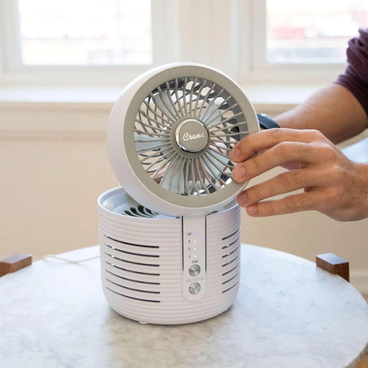 Crane 2-in-1 Air Purifier and Desk Fan, Fan and Air Purifier Combo, Ideal Office Desk Fan, Night Stand Fan