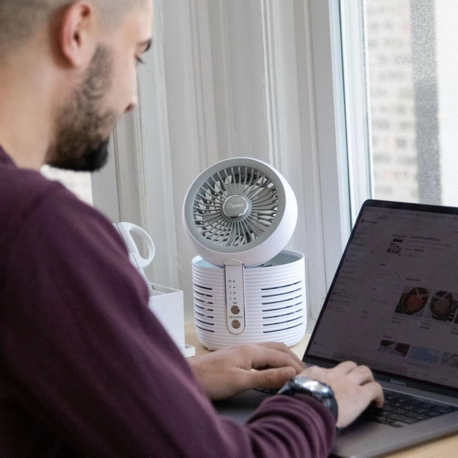 Crane 2-in-1 Air Purifier and Desk Fan, Fan and Air Purifier Combo, Ideal Office Desk Fan, Night Stand Fan
