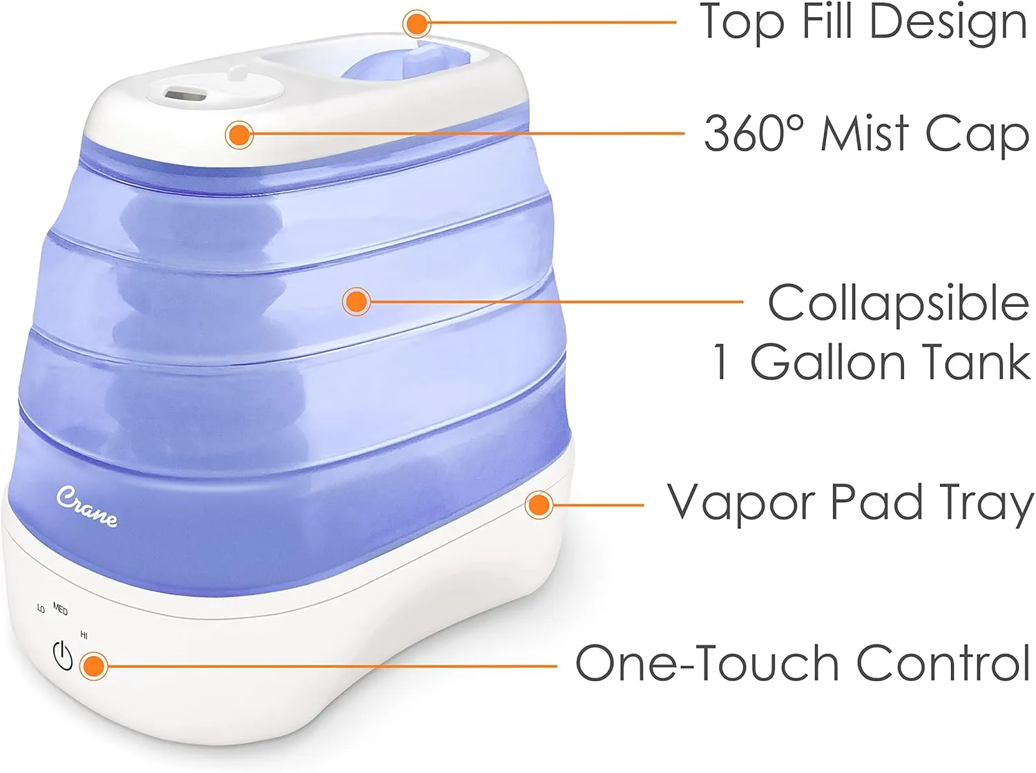 Crane Collapsible Cool Mist Humidifier for Bedroom and Office, 1 Gallon Portable Humidifier for Travel and Easy Storage