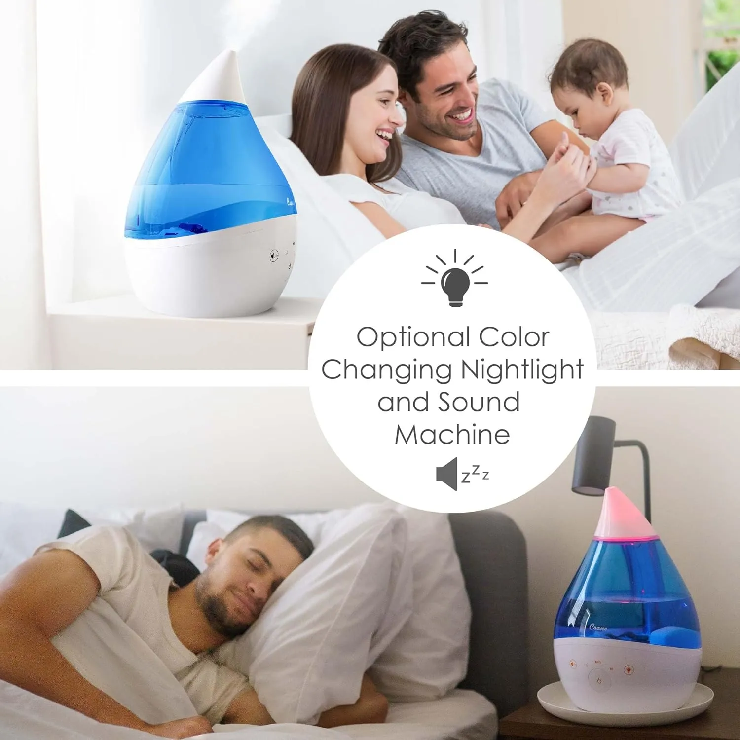 CRANE Drop 4-in-1 Ultrasonic Cool Mist Top-Fill Humidifier with Sound Machine, Night Light & Aroma Tray