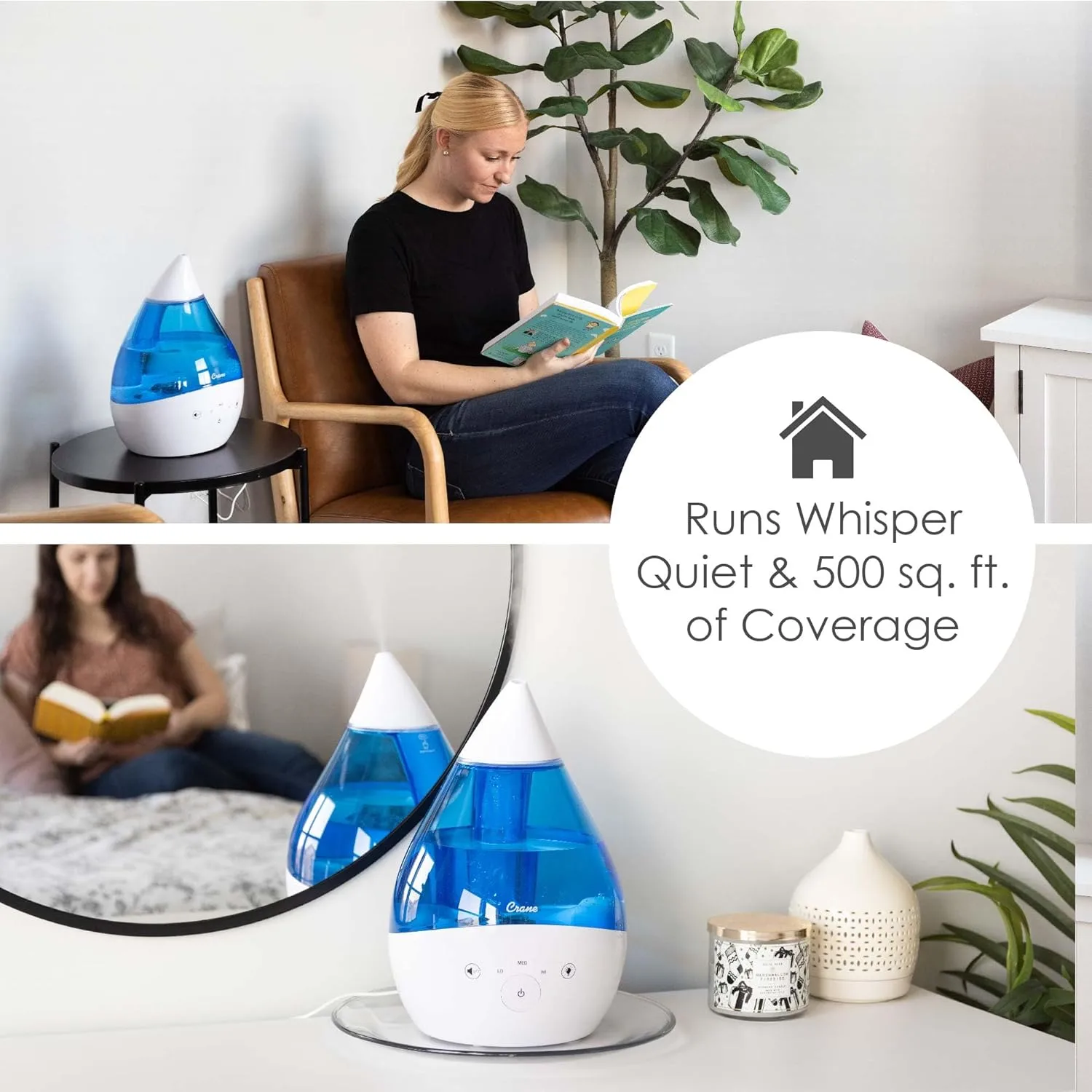 CRANE Drop 4-in-1 Ultrasonic Cool Mist Top-Fill Humidifier with Sound Machine, Night Light & Aroma Tray