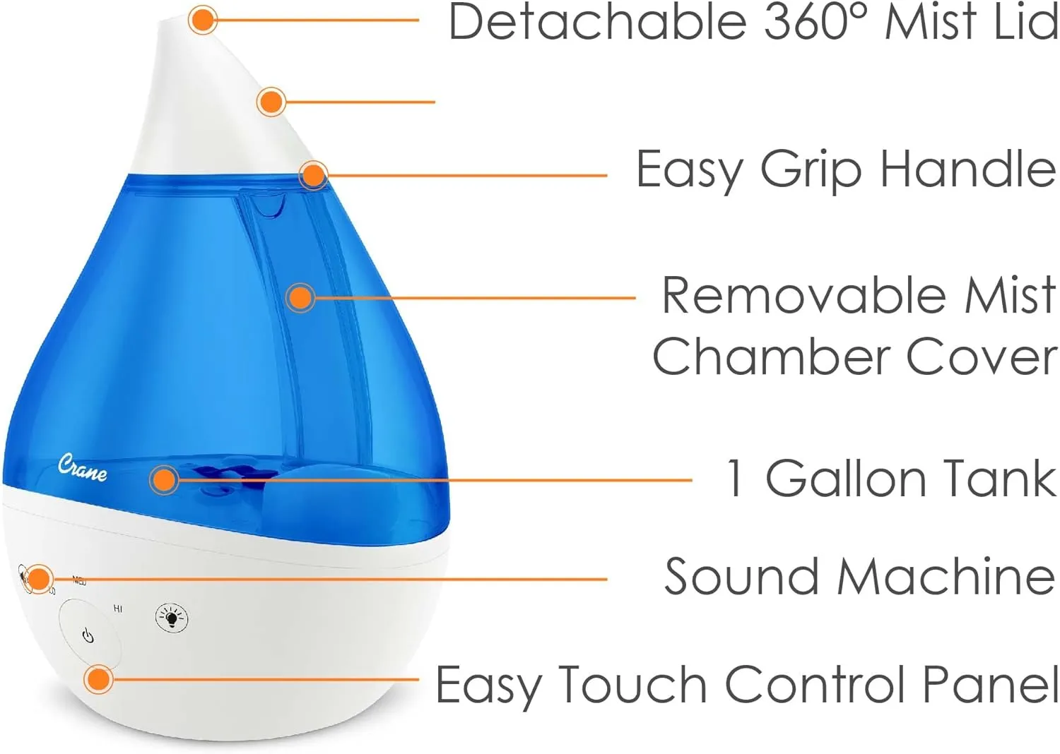 CRANE Drop 4-in-1 Ultrasonic Cool Mist Top-Fill Humidifier with Sound Machine, Night Light & Aroma Tray