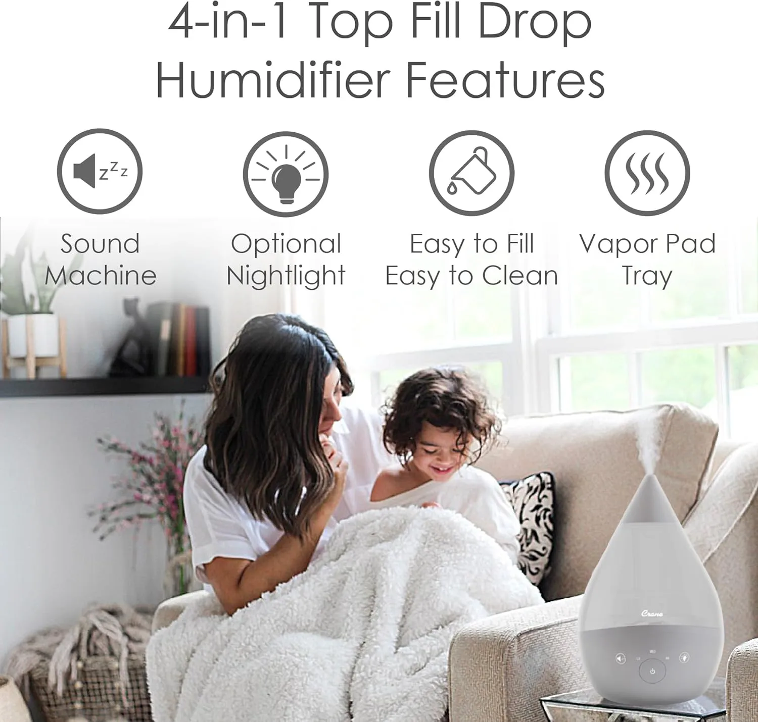 CRANE Drop 4-in-1 Ultrasonic Cool Mist Top-Fill Humidifier with Sound Machine, Night Light & Aroma Tray