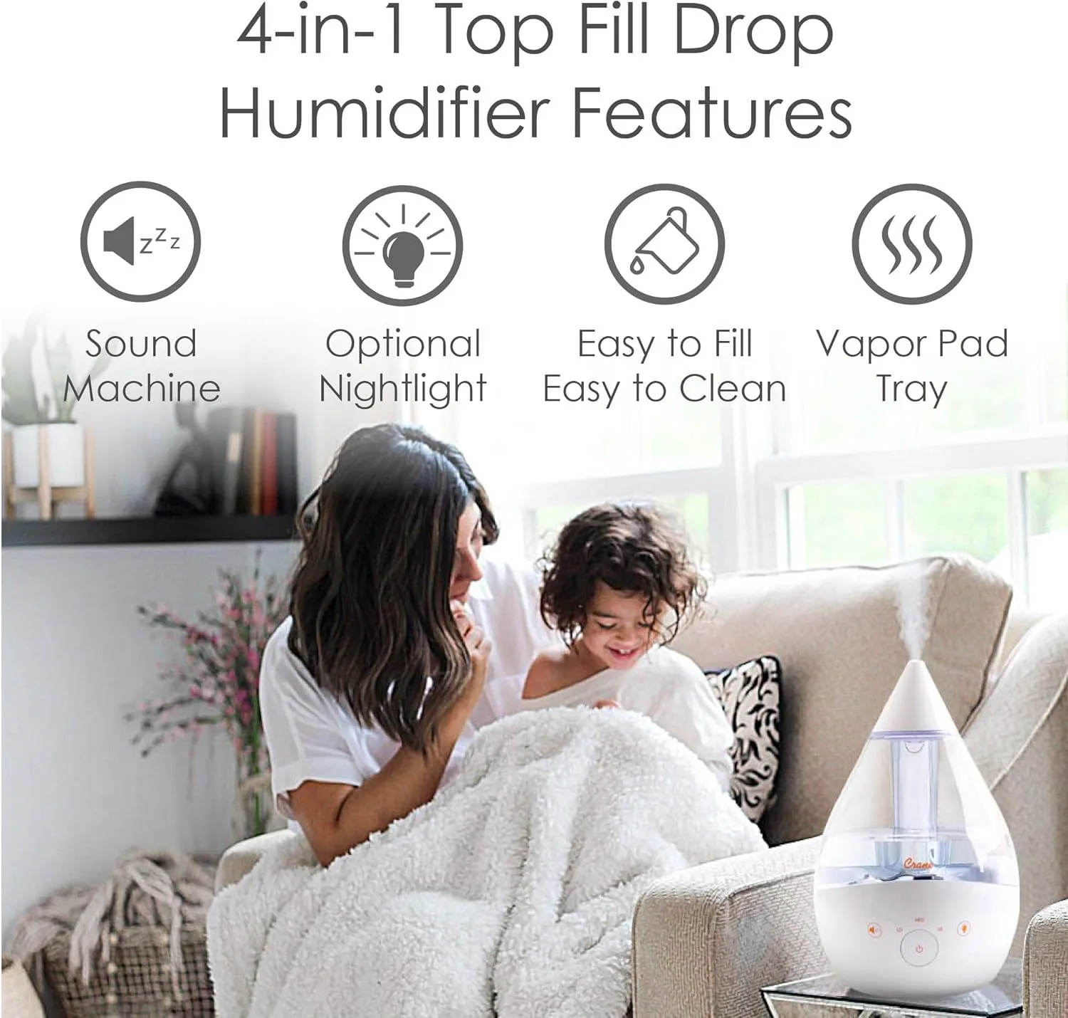 CRANE Drop 4-in-1 Ultrasonic Cool Mist Top-Fill Humidifier with Sound Machine, Night Light & Aroma Tray