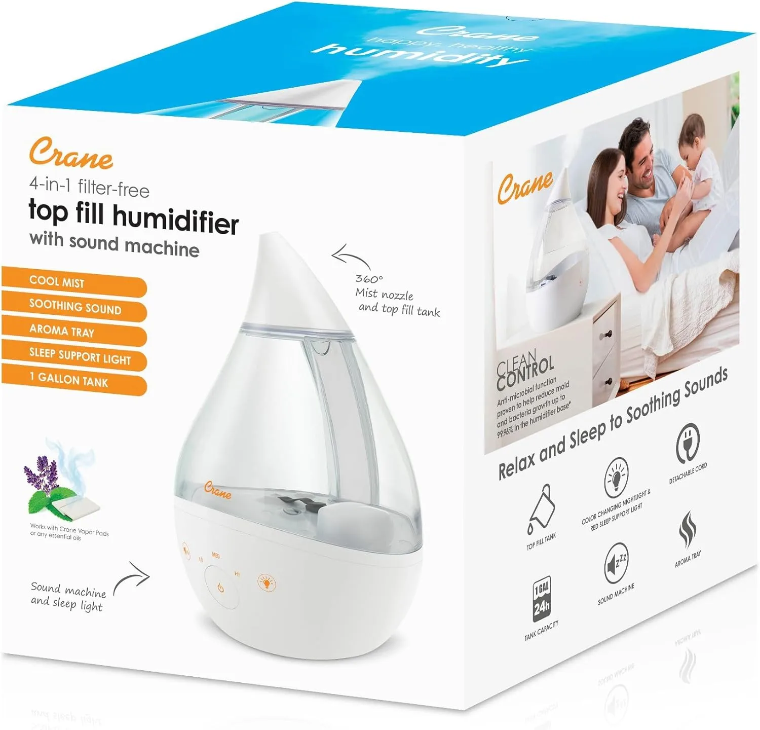 CRANE Drop 4-in-1 Ultrasonic Cool Mist Top-Fill Humidifier with Sound Machine, Night Light & Aroma Tray