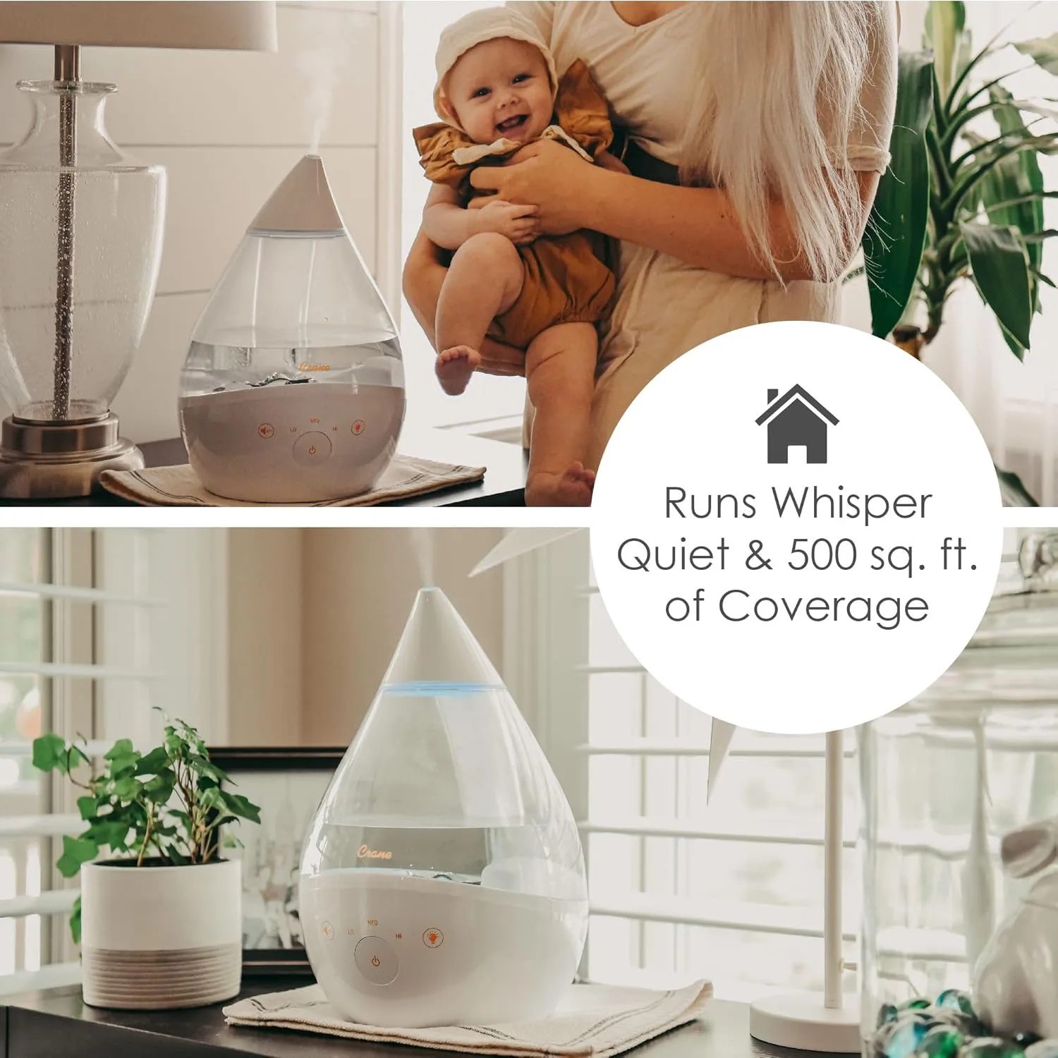 CRANE Drop 4-in-1 Ultrasonic Cool Mist Top-Fill Humidifier with Sound Machine, Night Light & Aroma Tray
