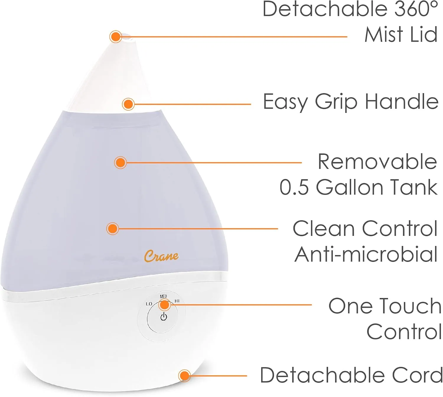 CRANE Droplet/Teardrop Ultrasonic Cool Mist Humidifier, 0.5 Gallon