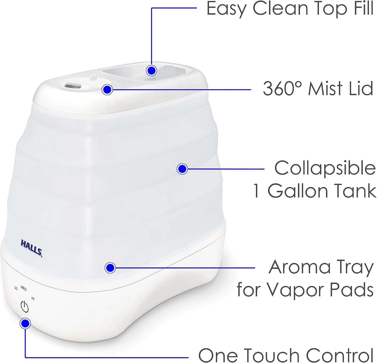Crane x HALLS Collapsible Cool Mist Humidifier for Bedroom and Office, 1 Gallon Portable Humidifier for Travel and Easy