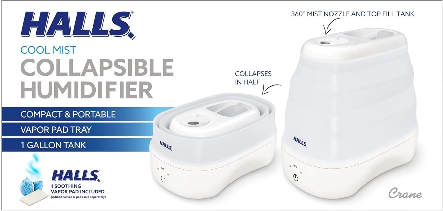 Crane x HALLS Collapsible Cool Mist Humidifier for Bedroom and Office, 1 Gallon Portable Humidifier for Travel and Easy
