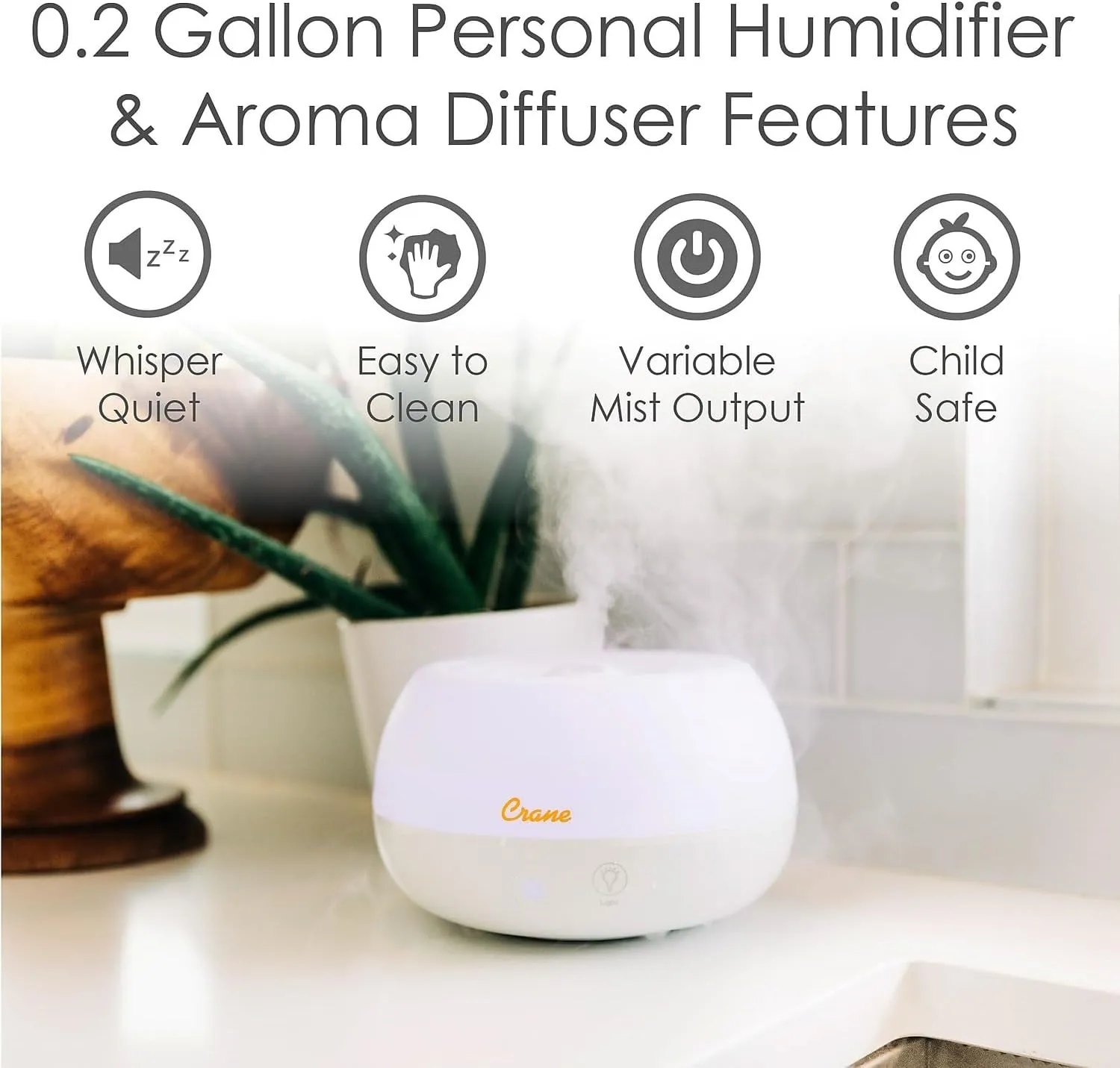 Crane Portable Ultrasonic Travel Humidifier and Diffuser, 0.2 Gallon Cool Mist, Optional Essential Oil Diffuser