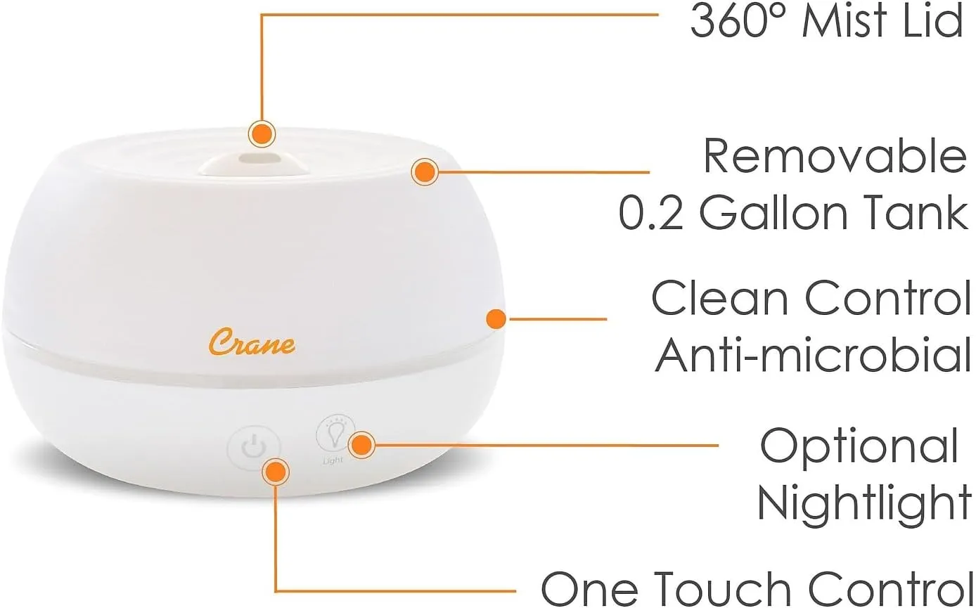 Crane Portable Ultrasonic Travel Humidifier and Diffuser, 0.2 Gallon Cool Mist, Optional Essential Oil Diffuser