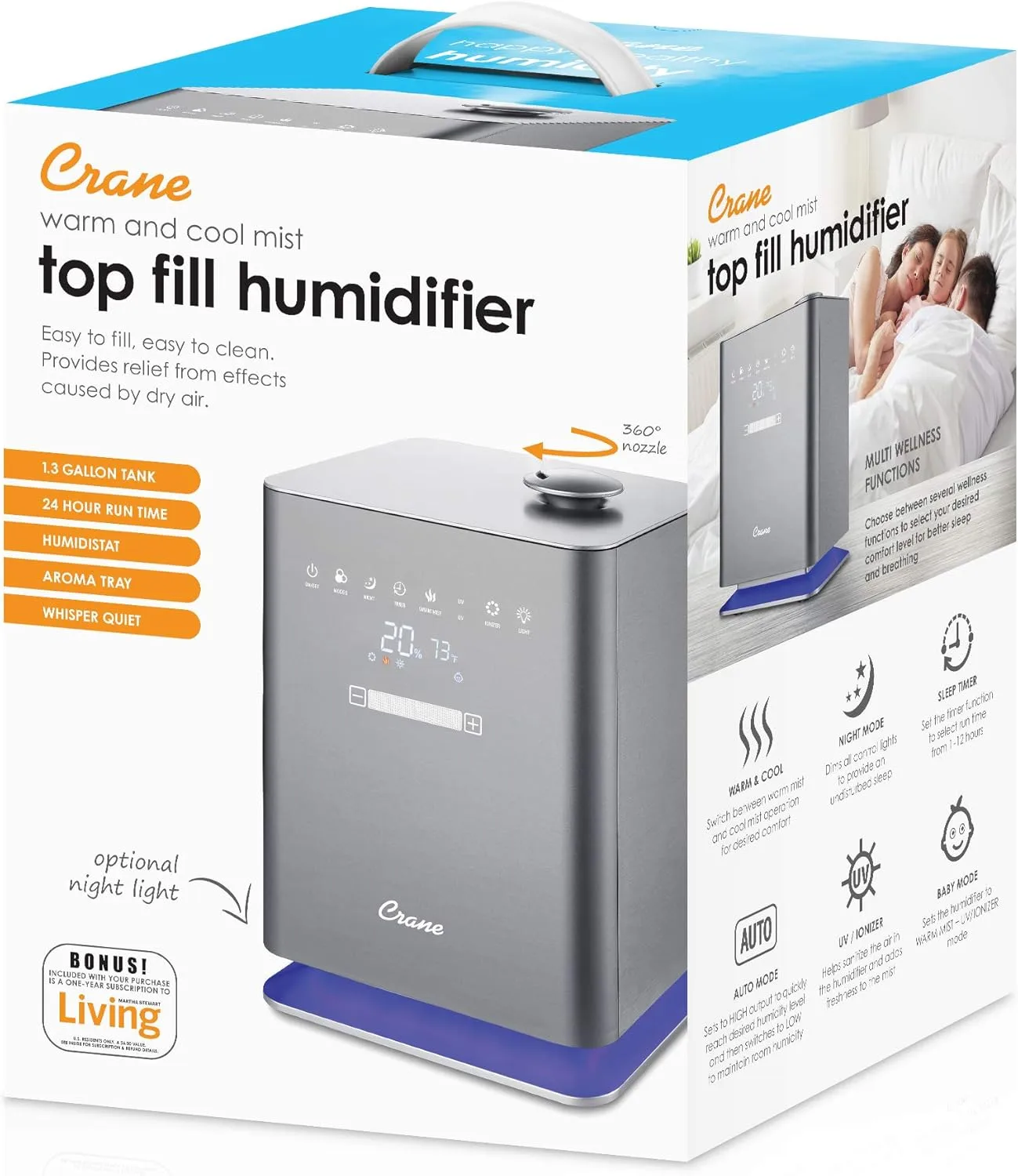Crane Ultrasonic Warm & Cool Mist Air Humidifier for Bedroom, Top Fill, UV Light, 1.2 Gallon Tank, 500 Sq Ft Coverage