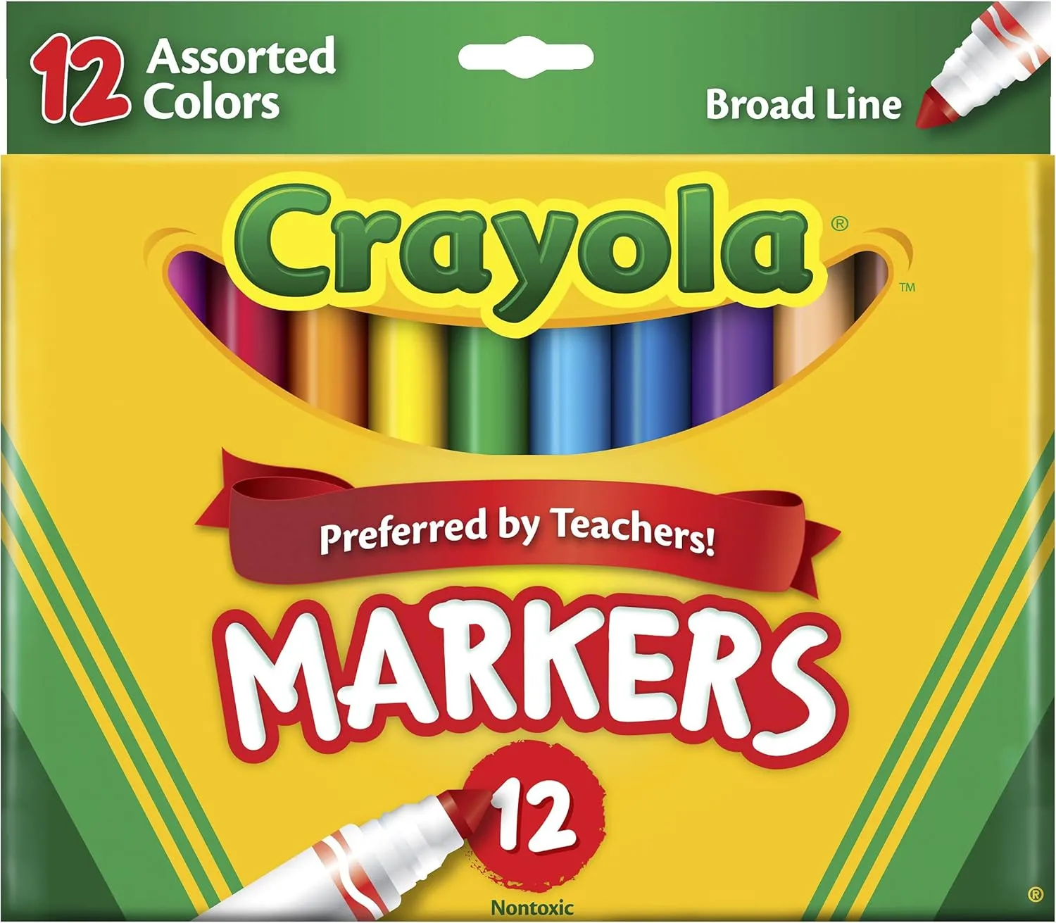 Crayola Broad Line Markers, Assorted Classic And Bright Colors, Box Of 12