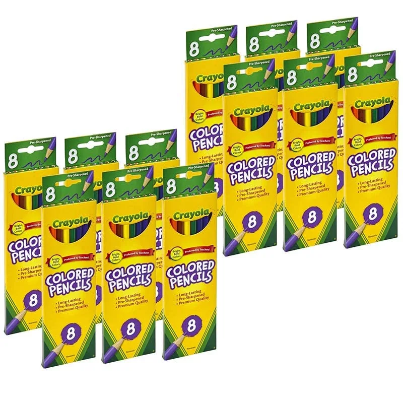 Crayola Colored Pencils, Assorted Colors, 8 Colored Pencils Per Box, Set Of 12 Boxes