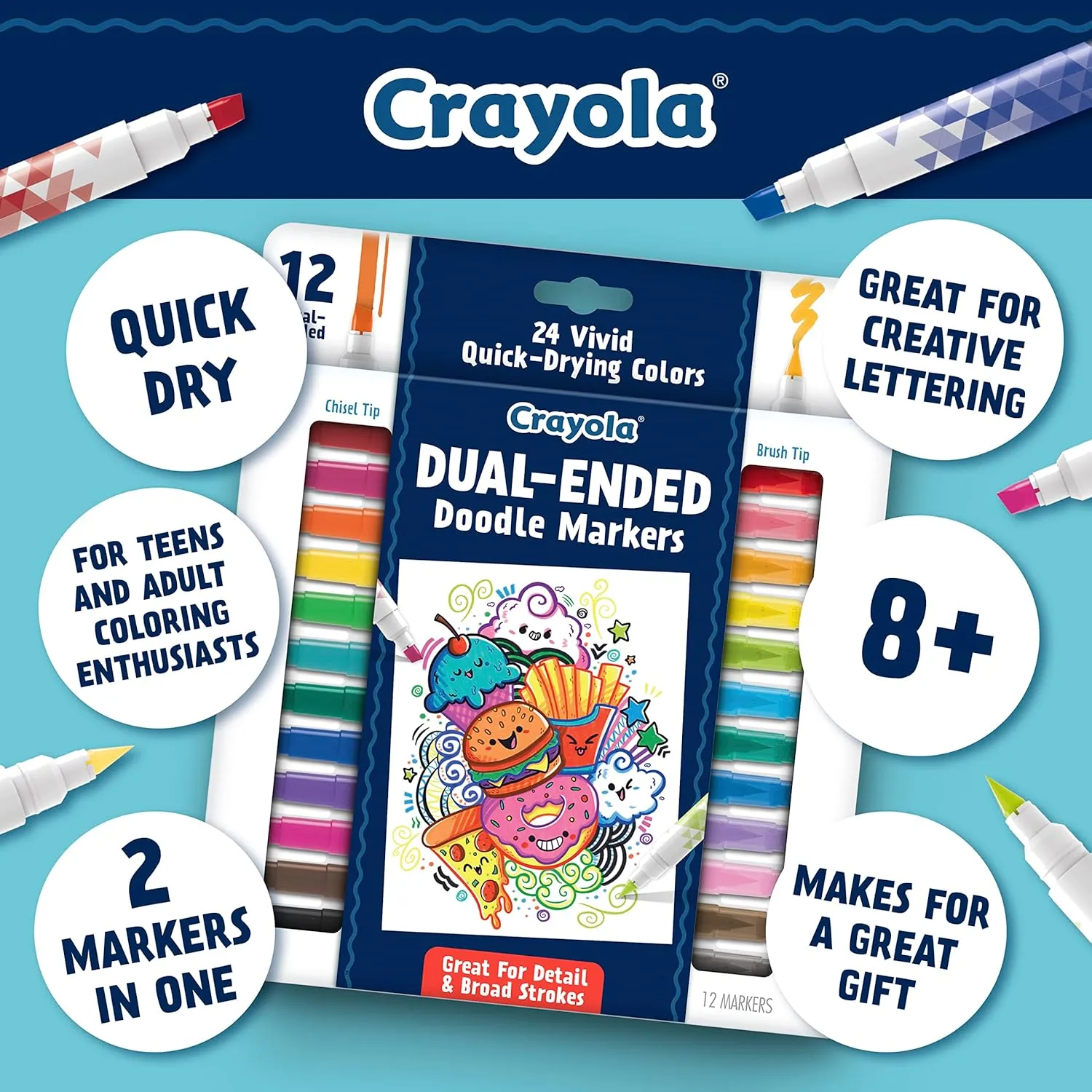 Crayola Dual-Ended Chisel & Brush Markers, 12 Count (24 Colors)