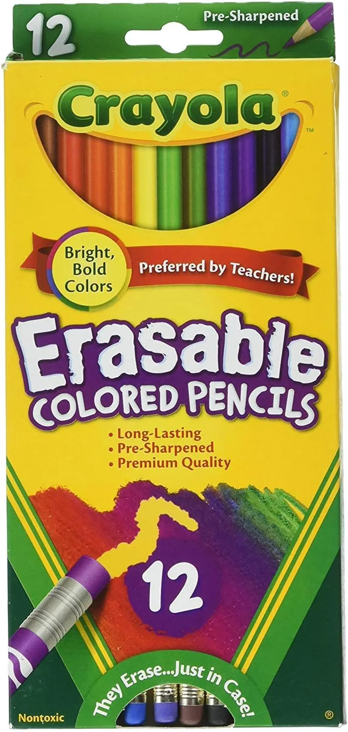 Crayola Erasable Colored Pencils, 12 Non-Toxic, Pre-Sharpened, Kids 4 & Up, Colors may vary