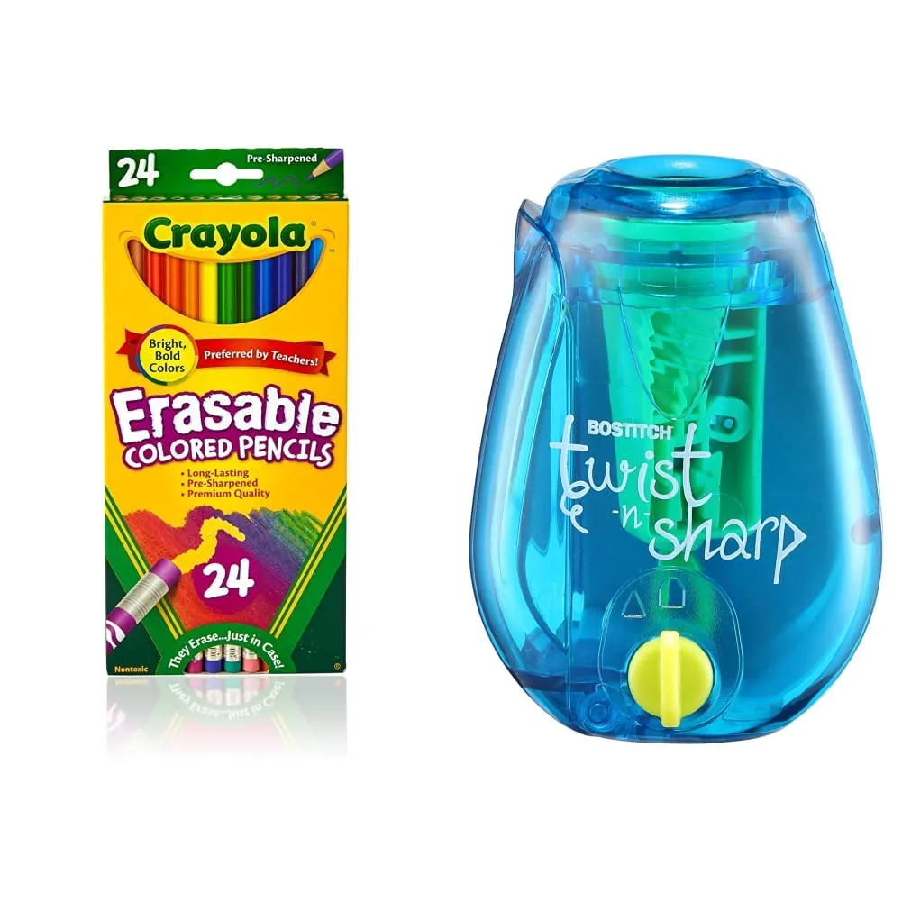 Crayola Erasable Colored Pencils, 24 Count, Assorted (Long) and Bostitch Office Twist-n-Sharp Pencil Sharpener (PS1-ADJ)