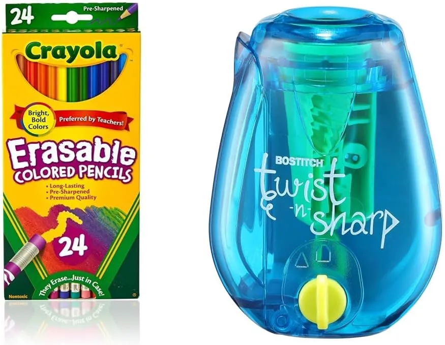 Crayola Erasable Colored Pencils, 24 Count, Assorted (Long) and Bostitch Office Twist-n-Sharp Pencil Sharpener (PS1-ADJ)