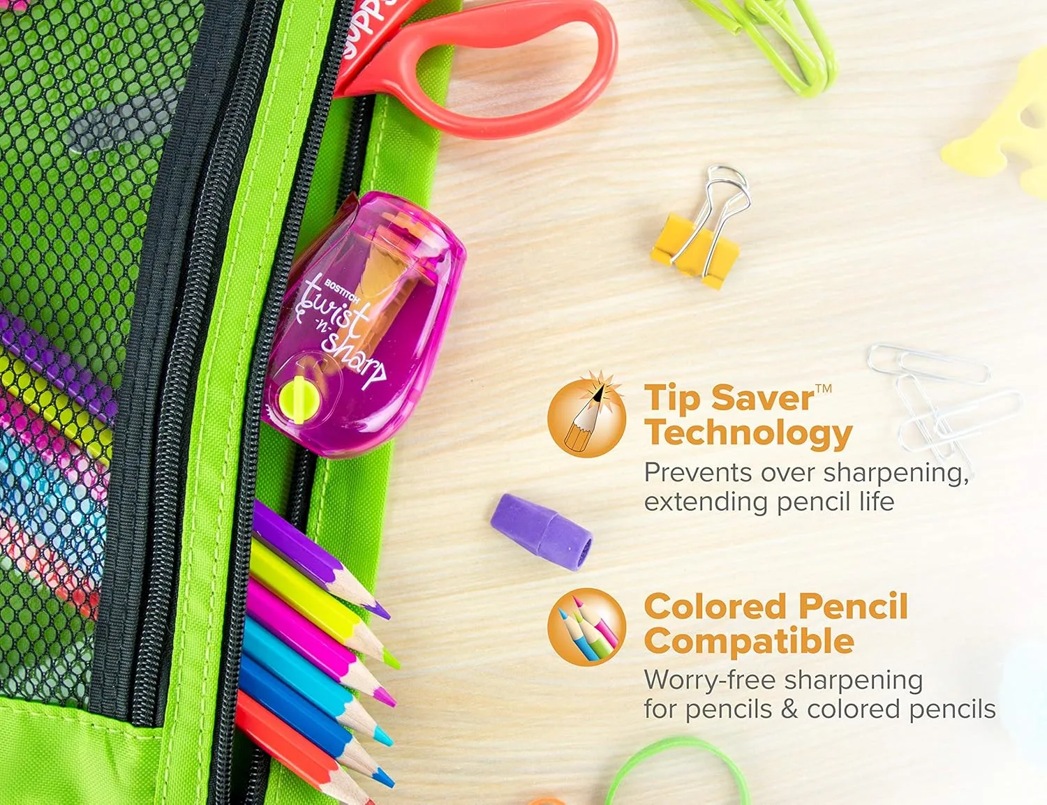 Crayola Erasable Colored Pencils, 24 Count, Assorted (Long) and Bostitch Office Twist-n-Sharp Pencil Sharpener (PS1-ADJ)
