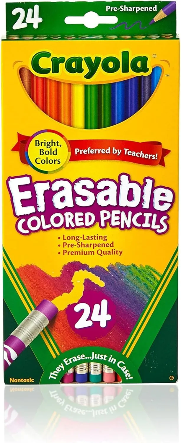 Crayola Erasable Colored Pencils, 24 Count, Assorted (Long) and Bostitch Office Twist-n-Sharp Pencil Sharpener (PS1-ADJ)
