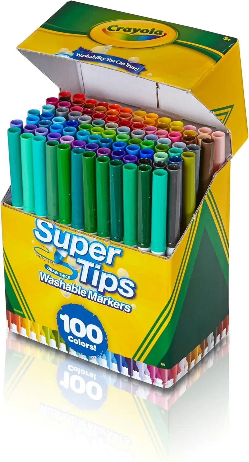 Crayola Super Tips Marker Set for Kids (100ct), Broad Tip & Fine Point Washable Art Markers for Kids, Bulk School Supplies, Teacher Classroom Must Haves, Drawing Supplies SuperTips