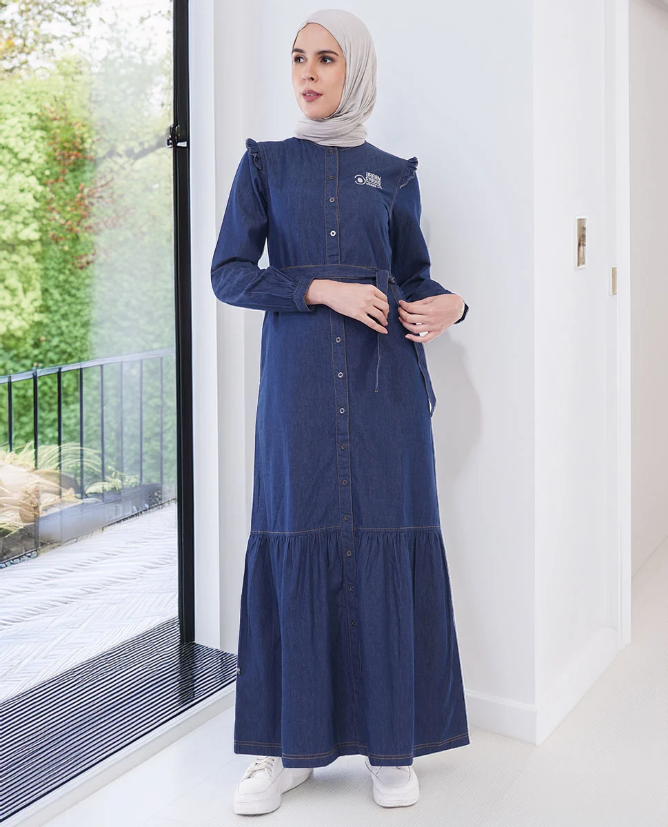 ICE BLUE RUFFLE FLOW FINE DENIM MAXI JILBAB