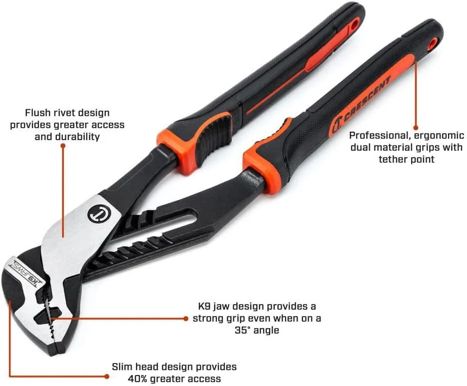 Crescent Z2 K9 Straight Jaw Dual Material Tongue & Groove Plier Set - Adjustable Plier Set with 8 Jaw Positions