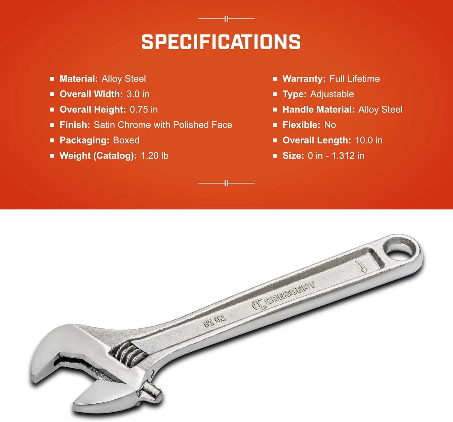 Crescent 10" Adjustable Wrench - Boxed - Mechanical & Plumbing Wrenches - With Larger Knurl & Hex Jaw