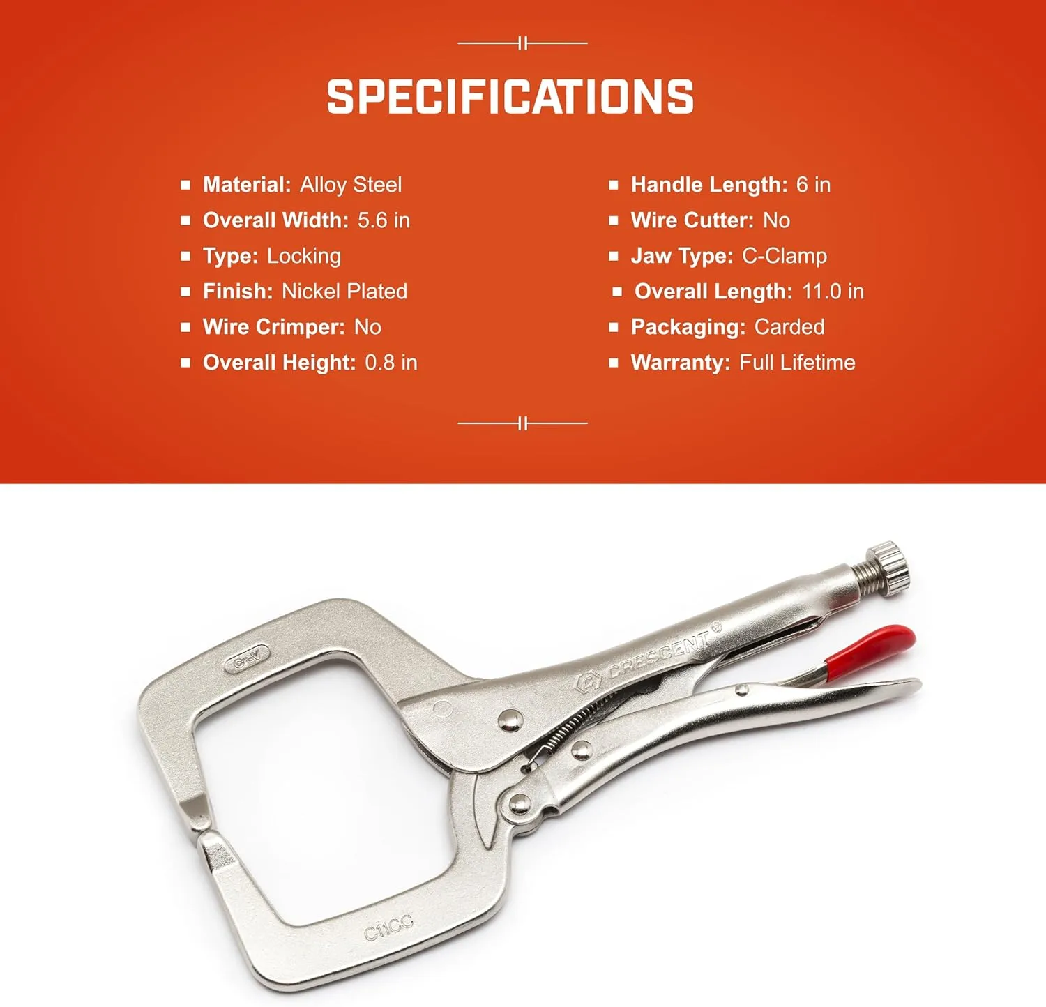 Crescent Locking C-Clamp - 11 in, Alloy Steel, Silver - C11CCVN