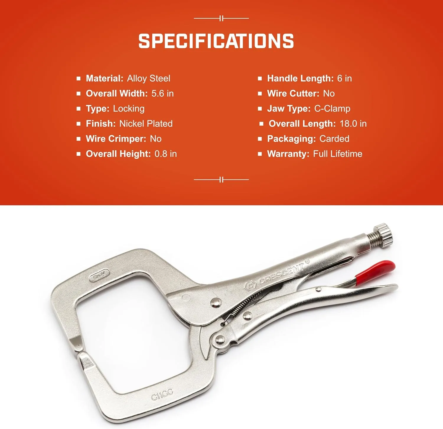 Crescent Locking C-Clamp 18" with Swivel Pad Tips - Heavy-Duty, Red