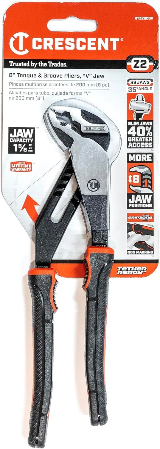 CRESCENT - Plier, 8", Straight Jaw, T&G, Cushion Grip (RTZ28CG)