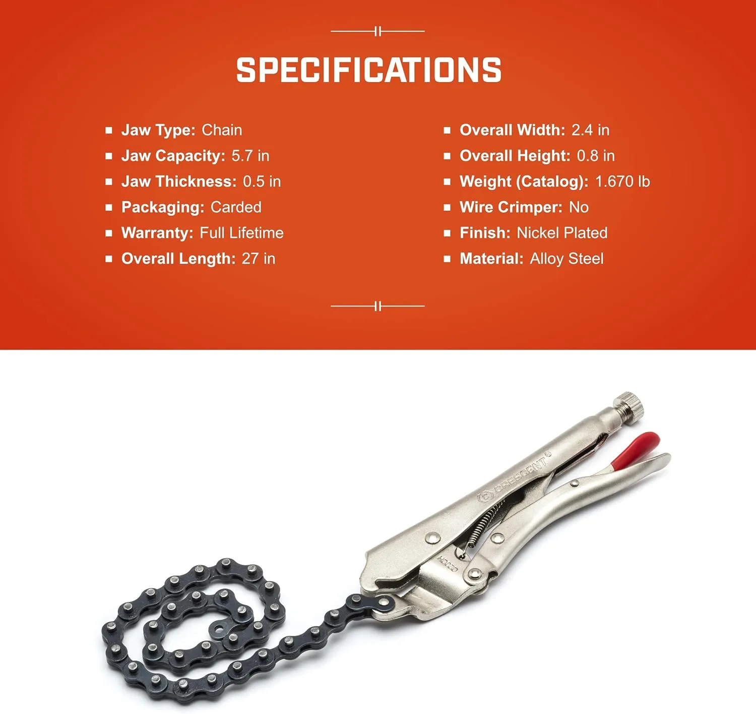 Crescent Locking Chain Clamp with 18" Chain - Nickel-Plated Metal Clamp - Features Compound Action & Hex Key Receiver