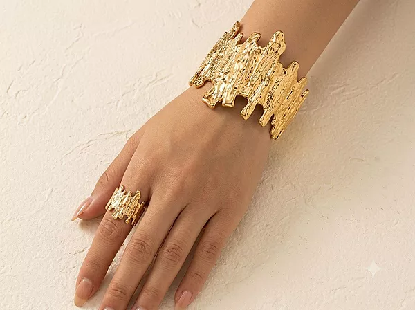 Navande Anti-Tarnish Raw Textured Gold Cuff Bracelet & Matching Ring Combo Set