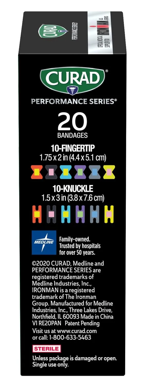 CURAD Performance Series IRONMAN Antibacterial Bandages, Extreme Hold Adhesive Technology, Finger & Knuckle Bandages, Flexible Fabric, Variety Pack with Assorted Sizes & Colors, 20 Count