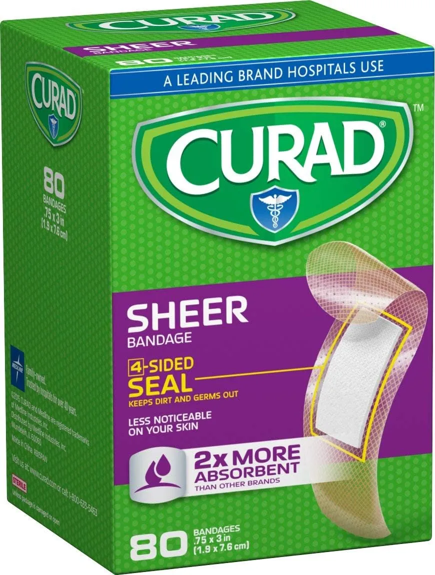 Curad Sheer Adhesive Bandages, Regular Size .75 x 3 in, 80 Count