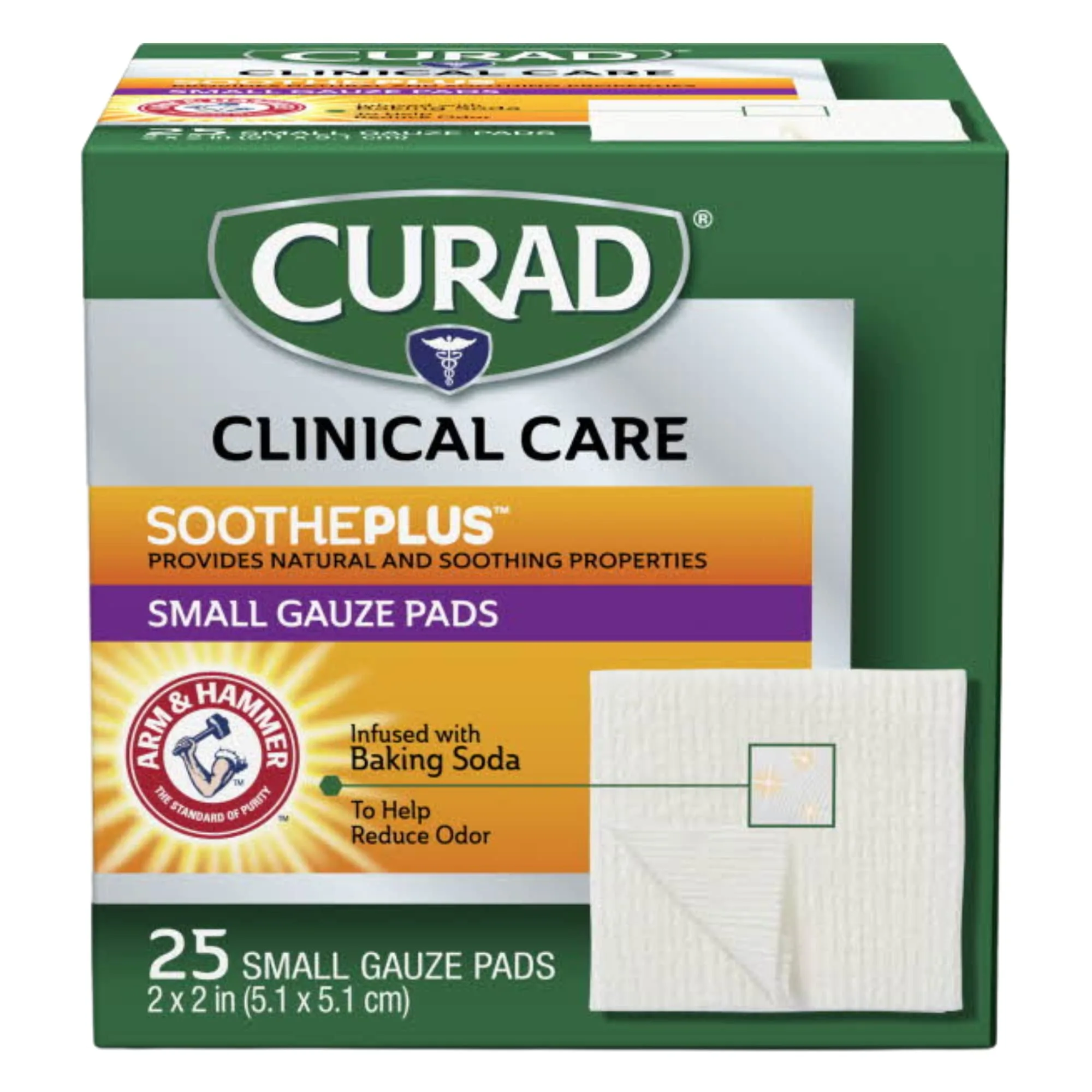 Curad SoothePlus Gauze Pads with Arm & Hammer Baking Soda, 2" x 2", 25 count (Pack of 1) White 2”x2” (1 x 25 Count)