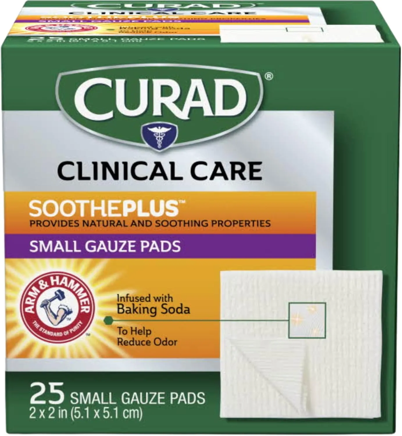 Curad SoothePlus Gauze Pads with Arm & Hammer Baking Soda, 2" x 2", 25 count (Pack of 1) White 2”x2” (1 x 25 Count)