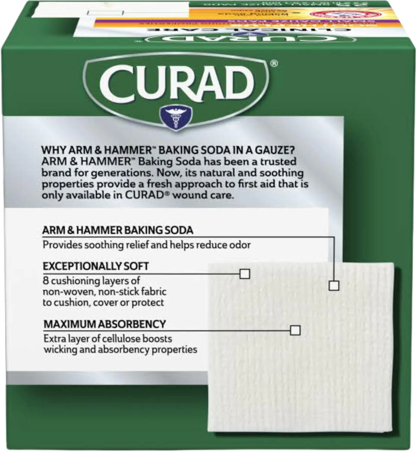 Curad SoothePlus Gauze Pads with Arm & Hammer Baking Soda, 2" x 2", 25 count (Pack of 1) White 2”x2” (1 x 25 Count)