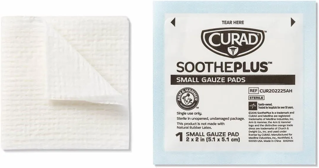 Curad SoothePlus Gauze Pads with Arm & Hammer Baking Soda, 2" x 2", 25 count (Pack of 1) White 2”x2” (1 x 25 Count)