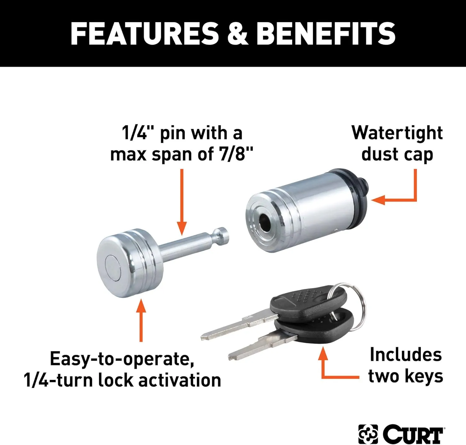 CURT 23520 Chrome Trailer Tongue Coupler Lock, 1/4-Inch Pin Diameter, Up to 7/8-Inch Span
