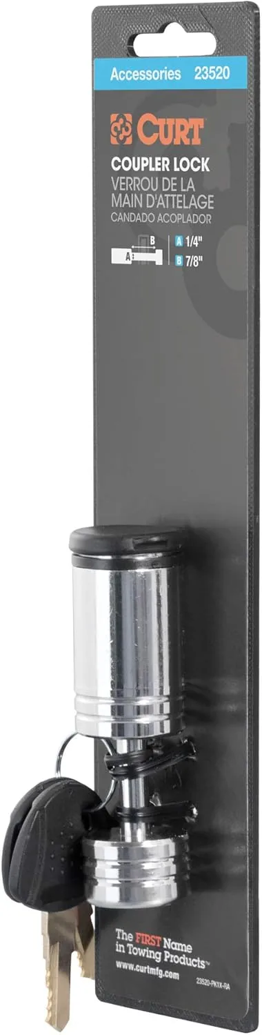 CURT 23520 Chrome Trailer Tongue Coupler Lock, 1/4-Inch Pin Diameter, Up to 7/8-Inch Span