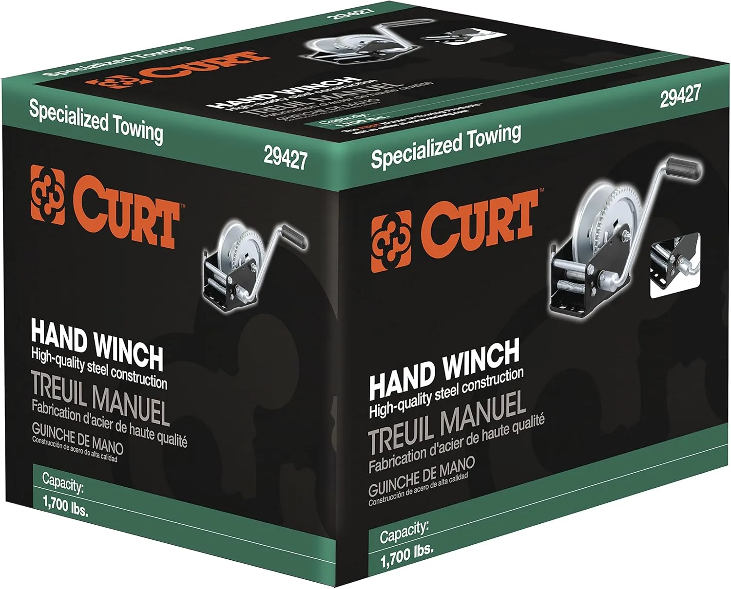 CURT 29427 Manual Hand Crank Boat Trailer Winch, 1,700 lbs Capacity, 8-Inch Handle, 5.1:1 Gear Ratio