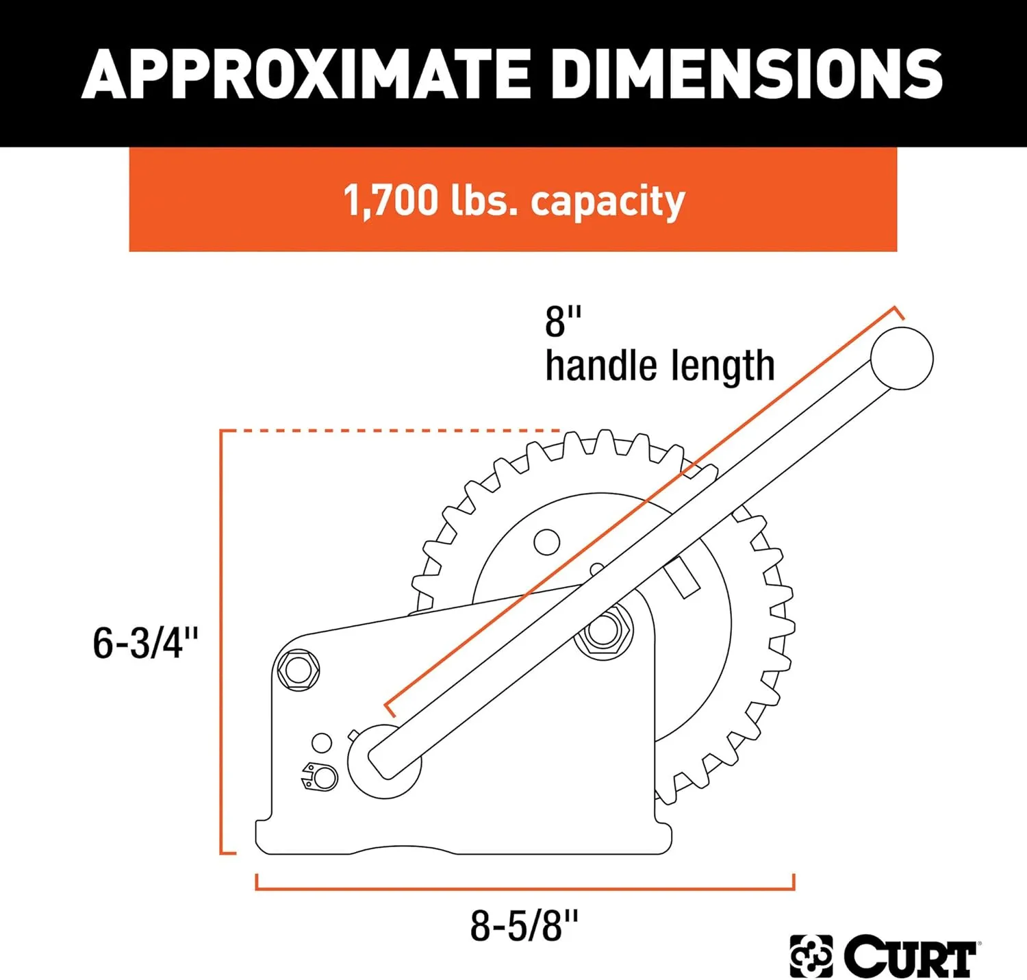 CURT 29427 Manual Hand Crank Boat Trailer Winch, 1,700 lbs Capacity, 8-Inch Handle, 5.1:1 Gear Ratio