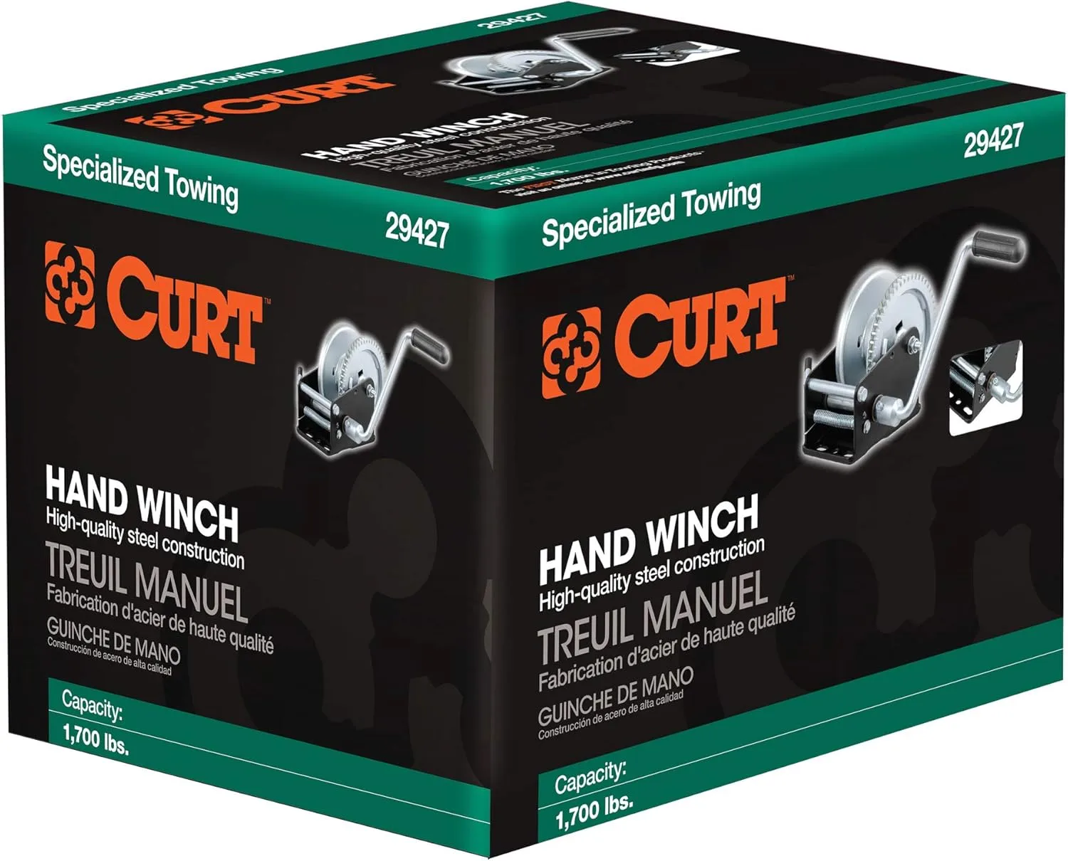 CURT 29427 Manual Hand Crank Boat Trailer Winch, 1,700 lbs Capacity, 8-Inch Handle, 5.1:1 Gear Ratio