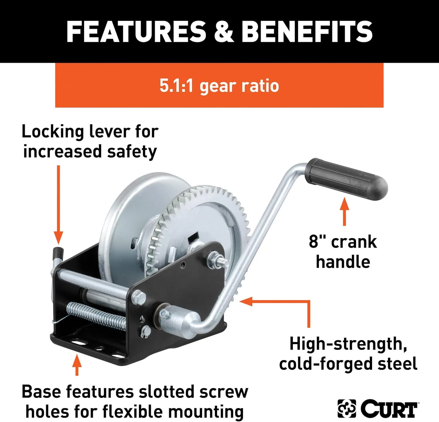 CURT 29427 Manual Hand Crank Boat Trailer Winch, 1,700 lbs Capacity, 8-Inch Handle, 5.1:1 Gear Ratio