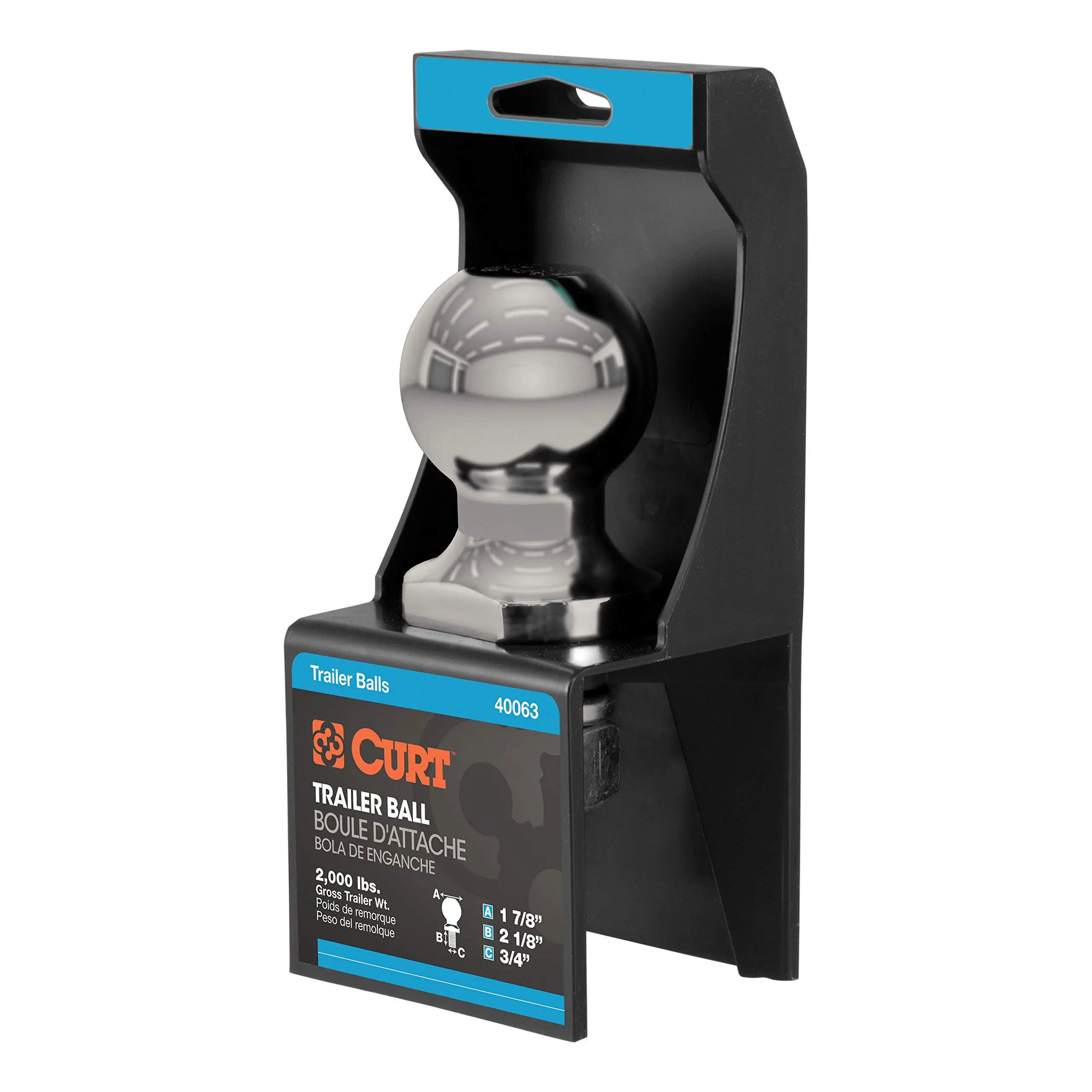 CURT 40080 Stainless Steel Trailer Hitch Ball, 2,000 lbs, 1-7/8-Inch Diameter, 3/4 x 2-1/8-Inch Shank