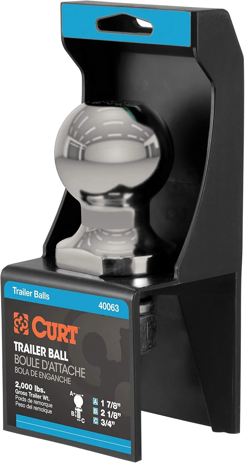 CURT 40080 Stainless Steel Trailer Hitch Ball, 2,000 lbs, 1-7/8-Inch Diameter, 3/4 x 2-1/8-Inch Shank